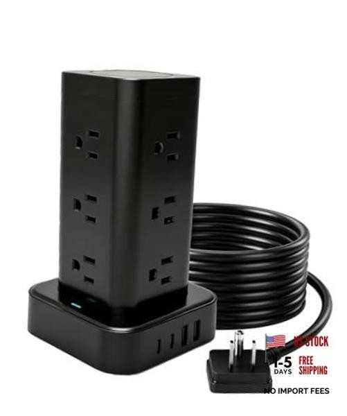 16-in-1 Power Strip Tower with Surge Protector 1800J, 2USB-C & 2USB-A Black