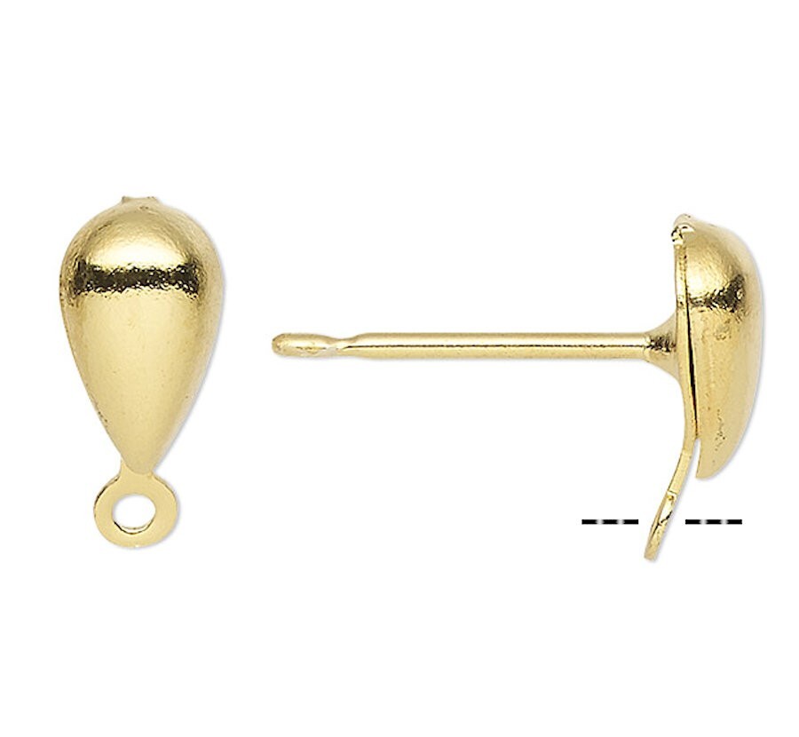Earstud, 10 Gold Plated Brass 7mm Teardrop Ear Stud Earrings with Closed Loop