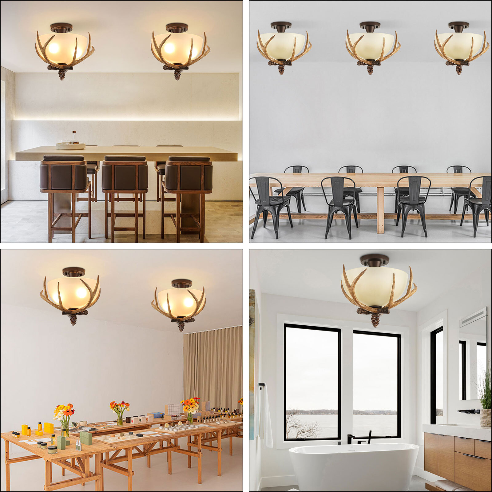 3-Light Antler Semi Flush Mount Fixture Ceiling Light Lamp Antler Chandelier