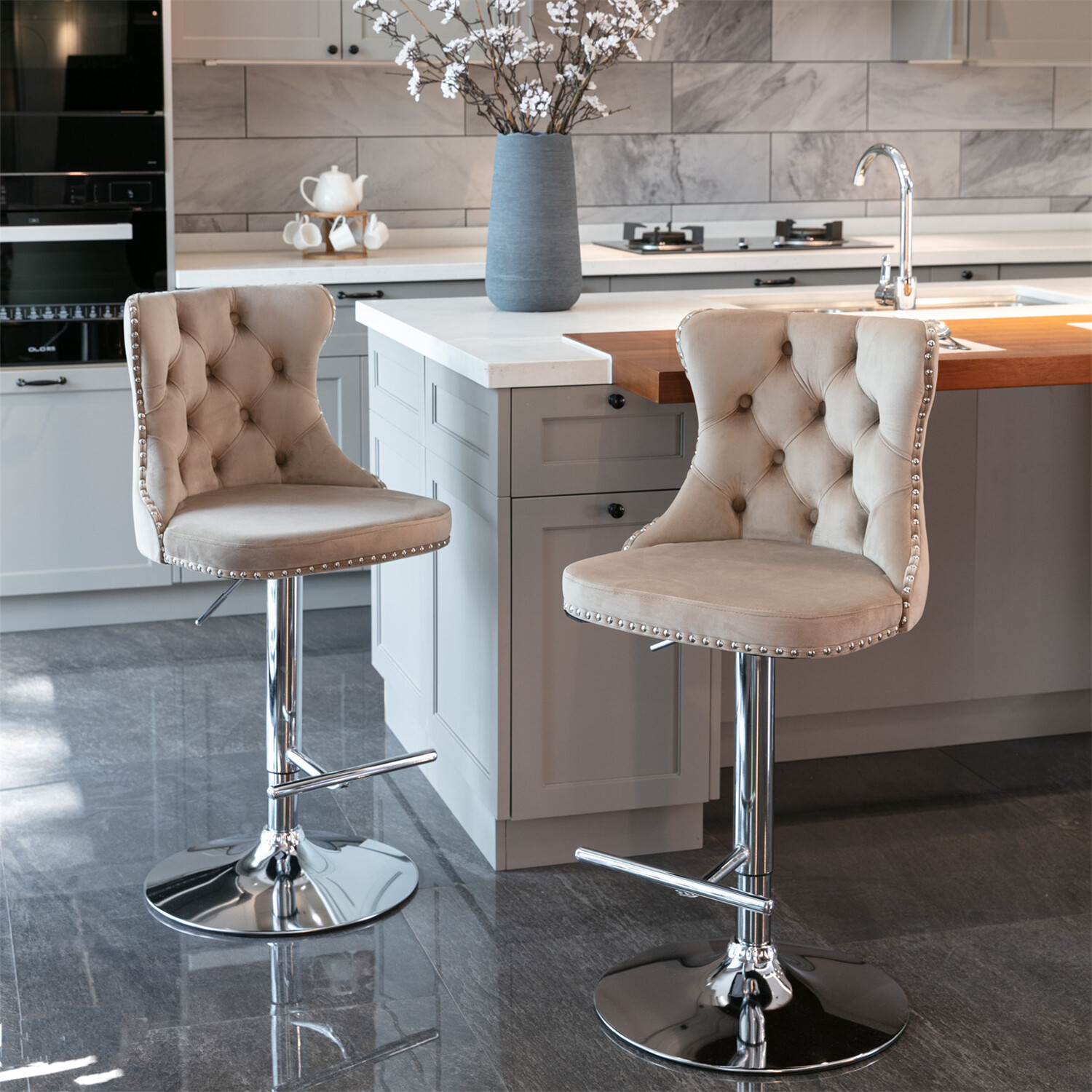 2PCS Velvet Bar Stools Counter Height Adjustable Kitchen Dining Chairs US