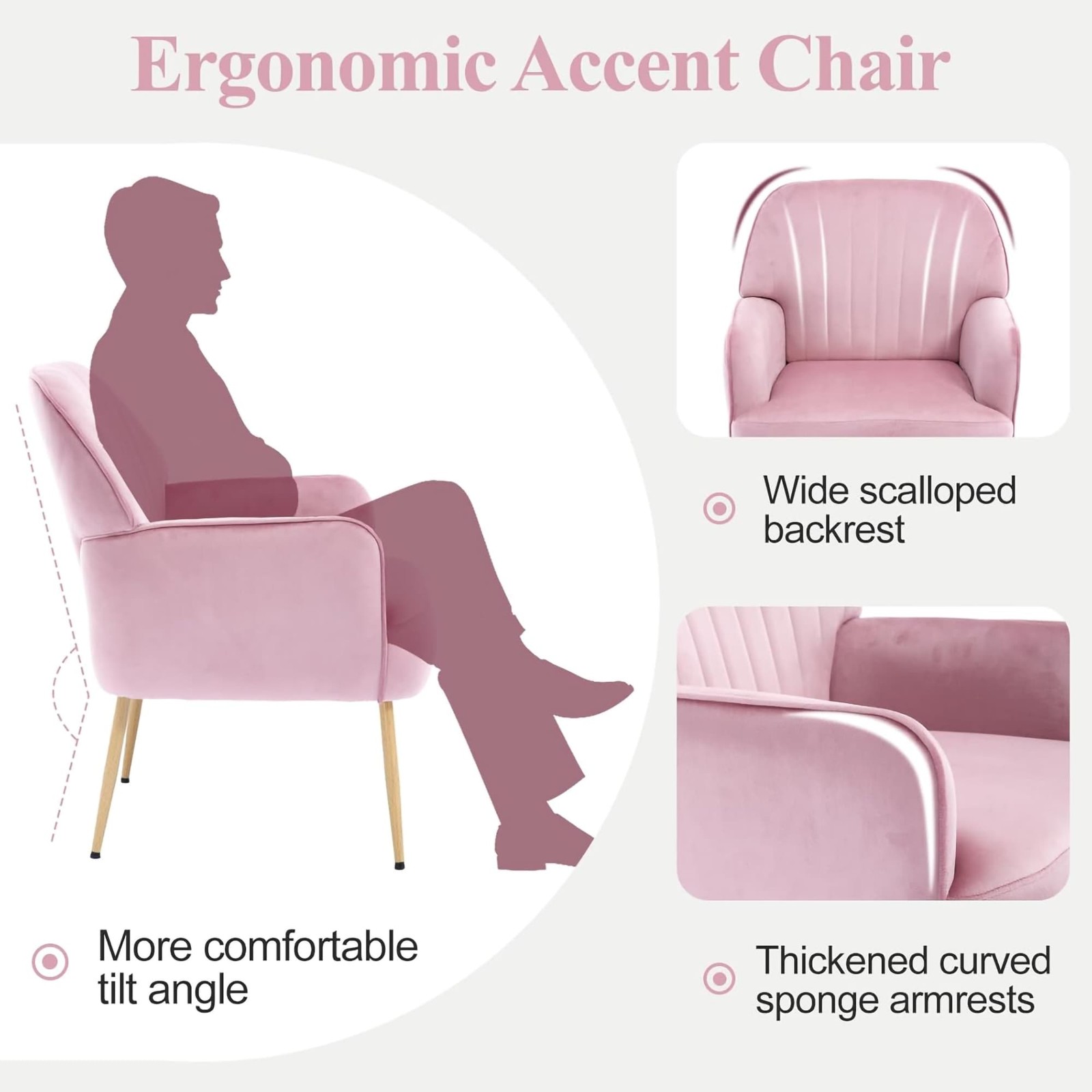 Modern Upholstered Pink Velvet Accent Chair Metal Legs Armchair for Bedroom