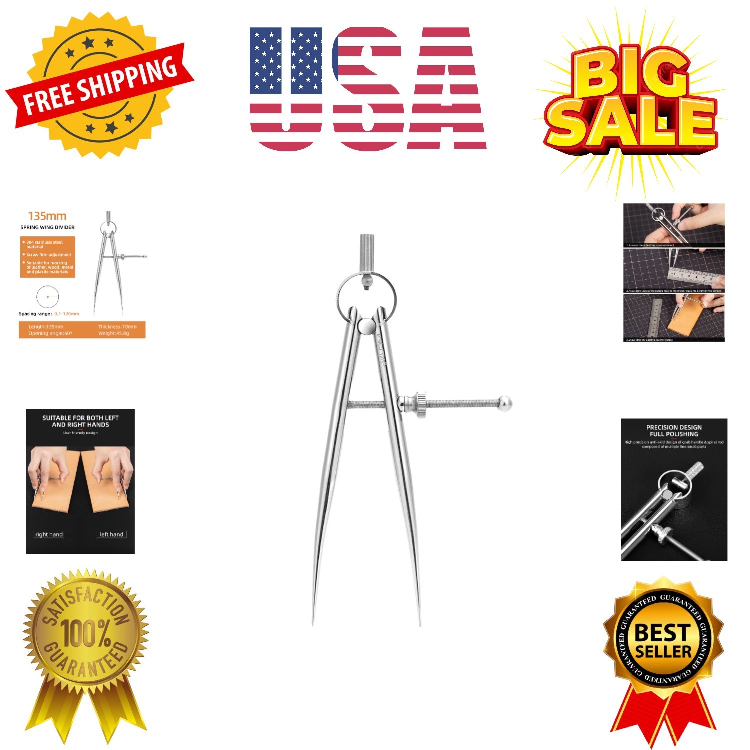 Spring Wing Divider 304 Stainless Steel Precision Scriber Caliper Tool Metal ...