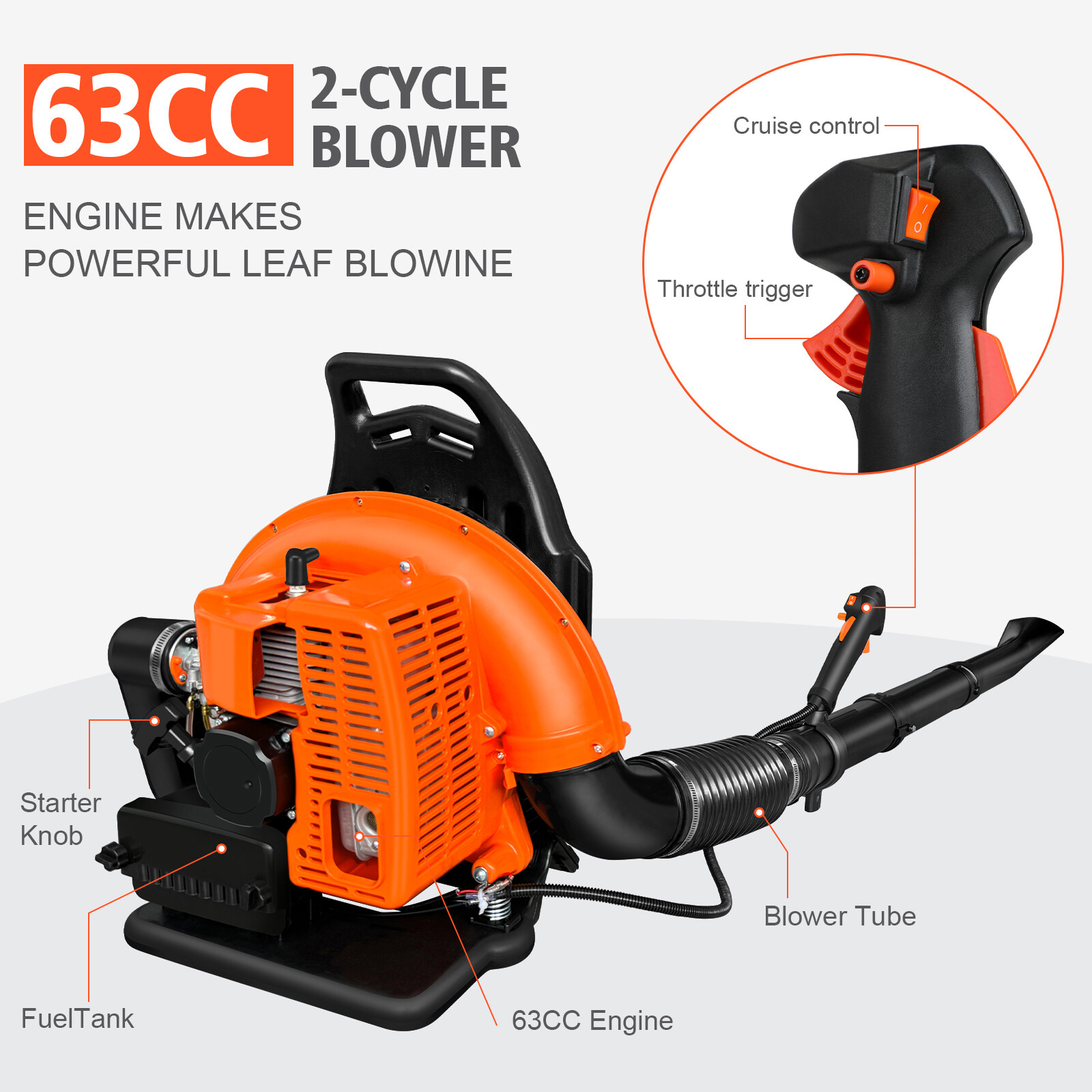 Backpack Leaf Blower Gas Powered Snow Blower 665CFM 63CC 2-Stroke 3HP 6800 RPM