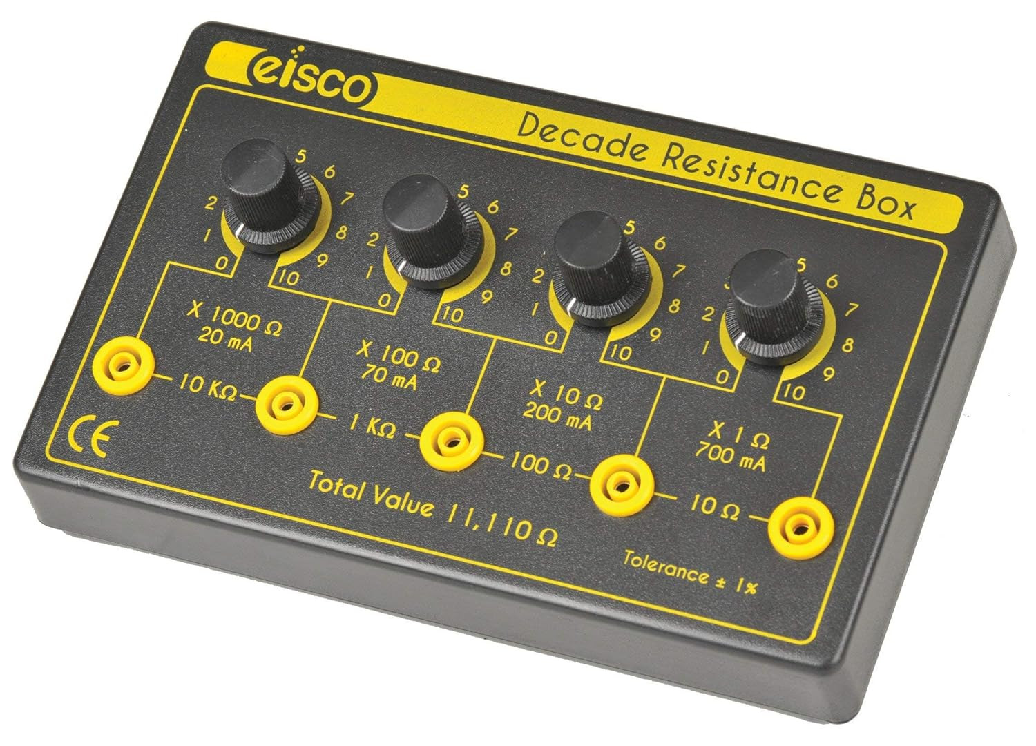 - 4 Decade Resistance Box, Variable from 0-11,110 Ohms, 0.5W Resistors (0.5555W