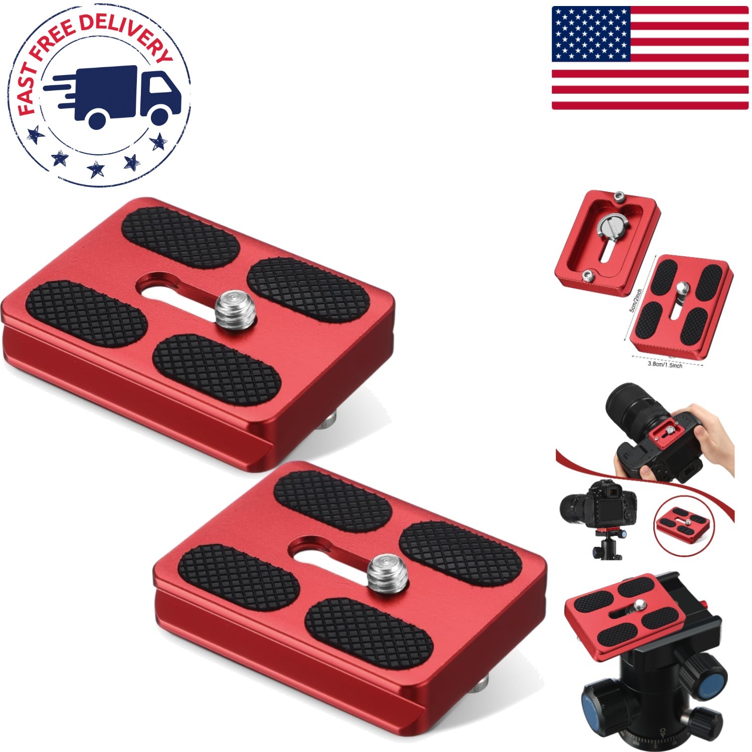 Aluminum Quick Release Tripod Plates | 2 pcs with Non-Slip Design - Red