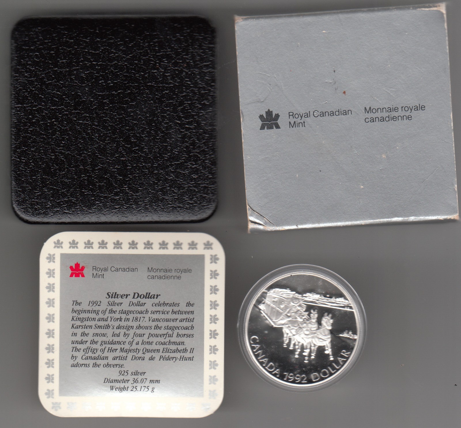 Canada 1992 Stage Coach  Silver Dollar Proof-like $1 Coin .925. Scarce & cheap