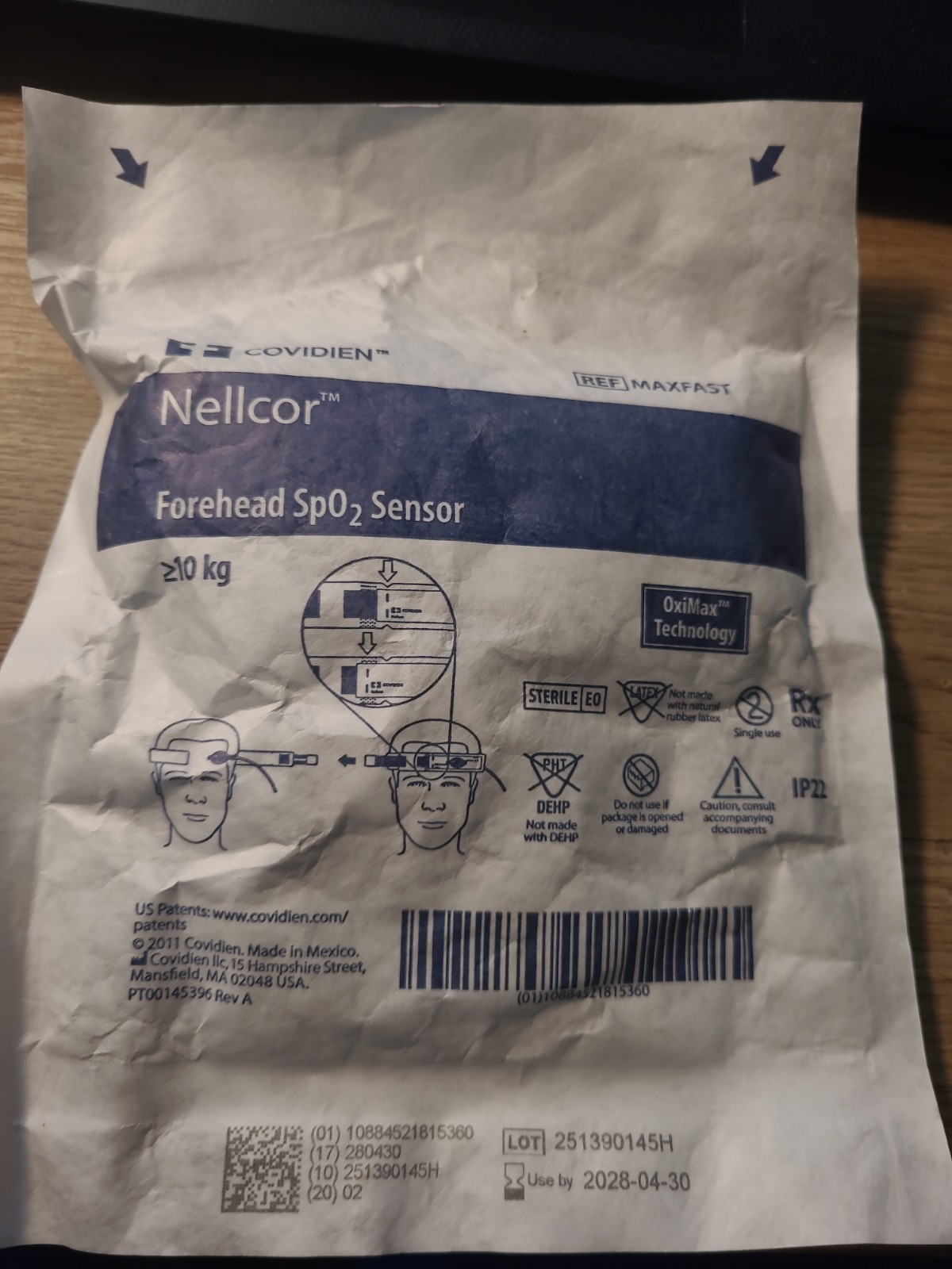 NELLCOR OXIMAX FOREHEAD SP02 SENSOR GREATER THEN 10 KG, BY COVIDIEN