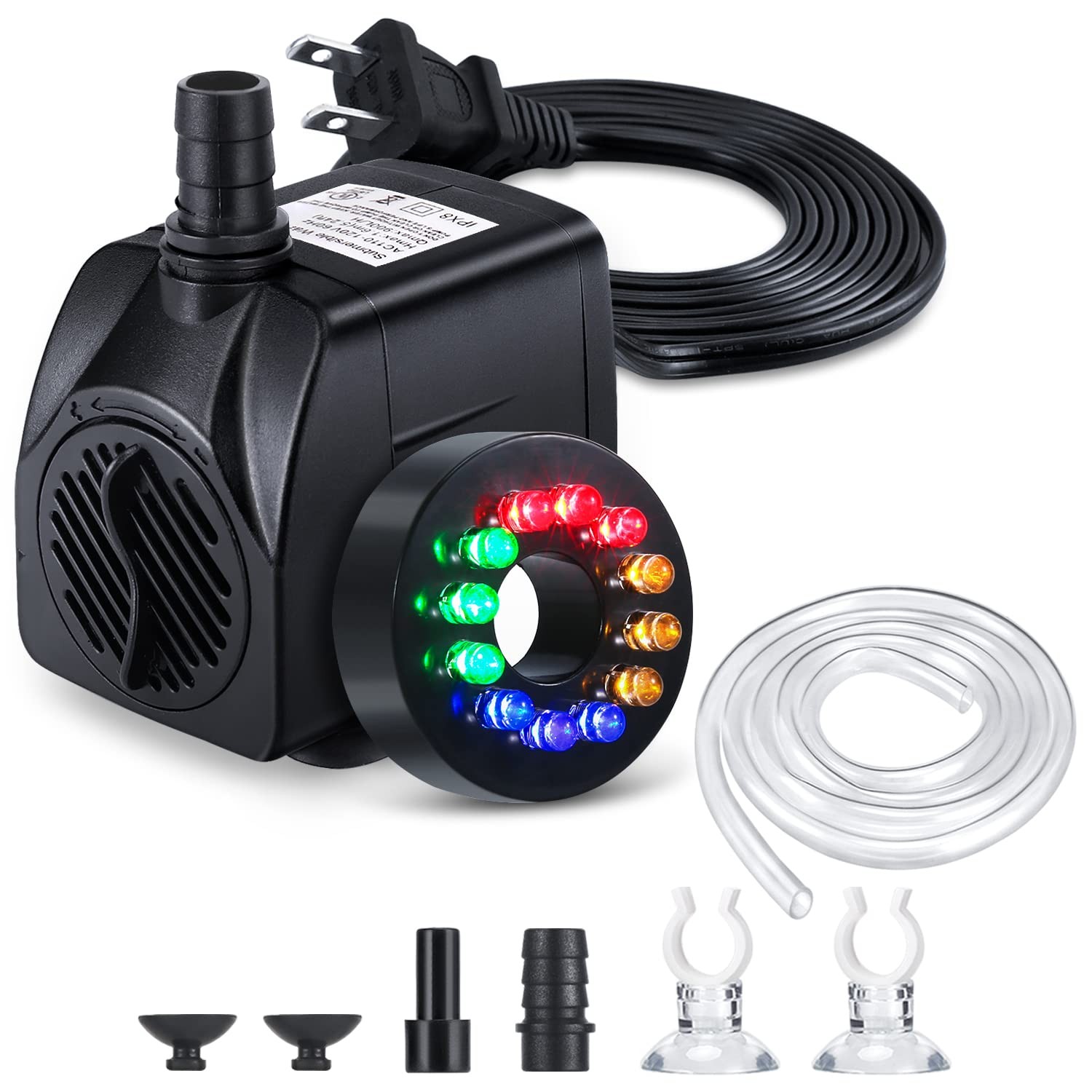 15W 900L/H Submersible Fountain Pump with LED Lights, Adjustable Water Pumps