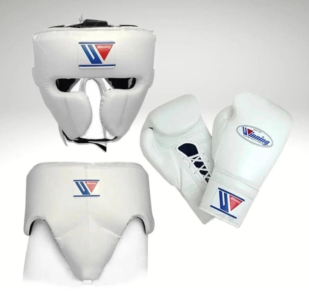Winning Boxing Gear Set Gloves Headgear Groin Protector white Genuine Leather.