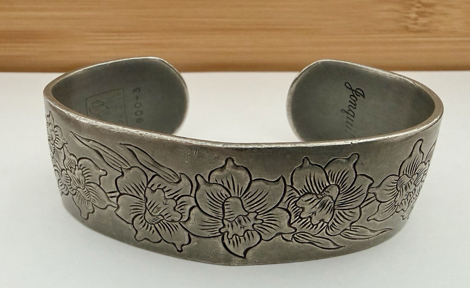 Jonquil Engraved Flower Cuff Bracelet Pewter Silver Tone Unisex