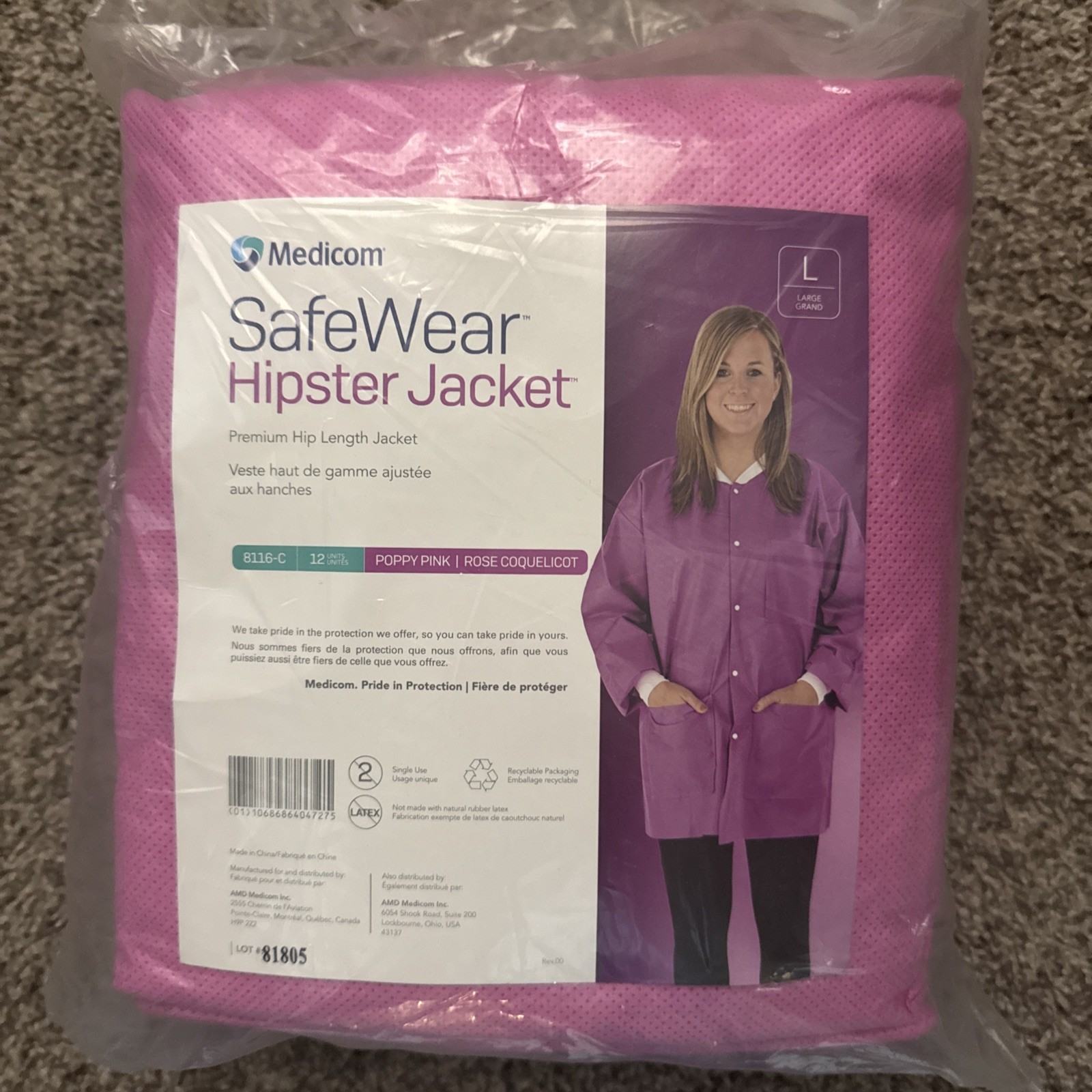 Medicom SafeWear Hipster Jacket, Poppy Pink. Large 12/Pk, 8116-C