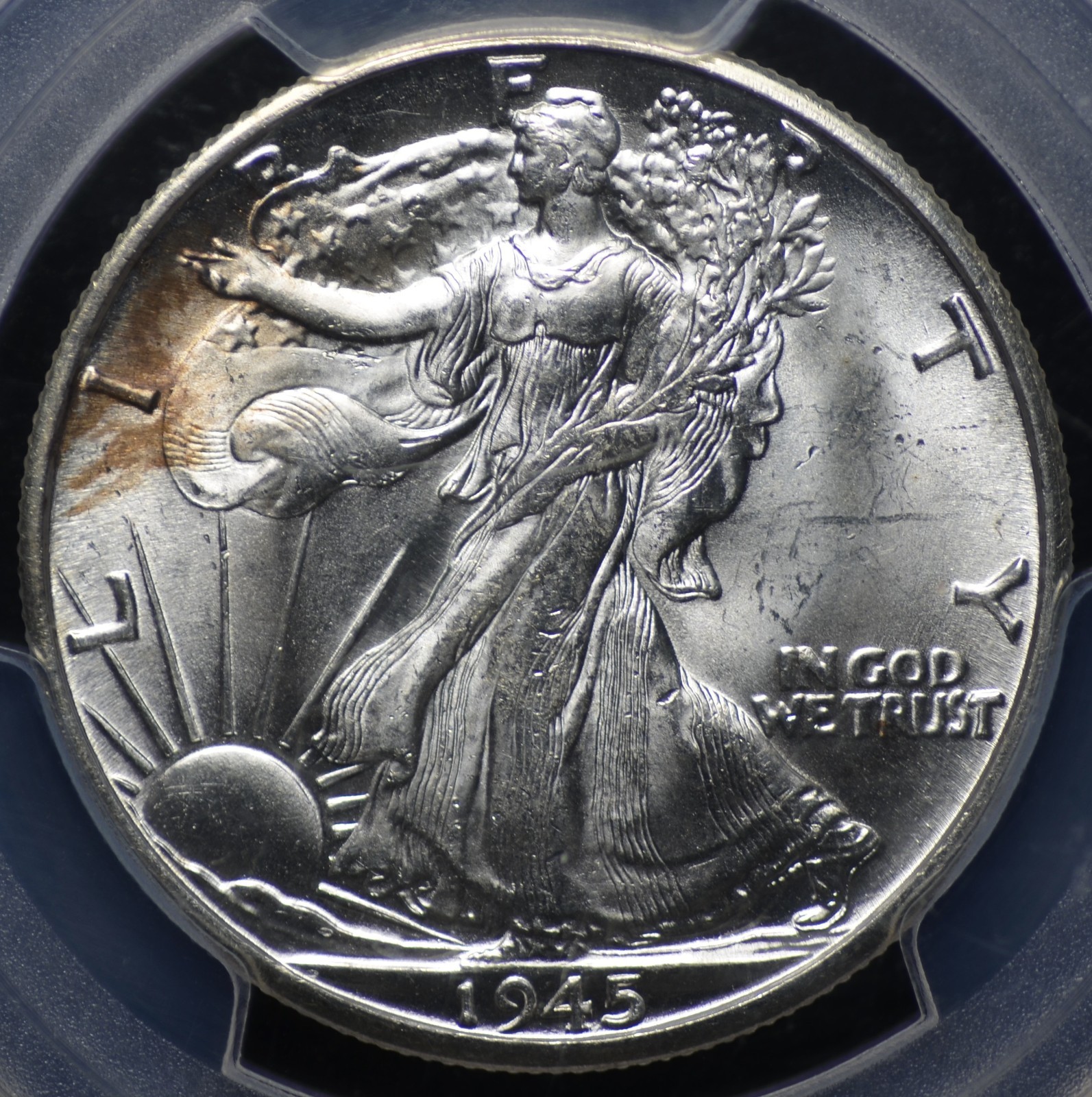 1945 D WALKING LIBERTY HALF PCGS MS 64+ A NEAR MISS GEM, BRIGHT SILVERY LUSTER,