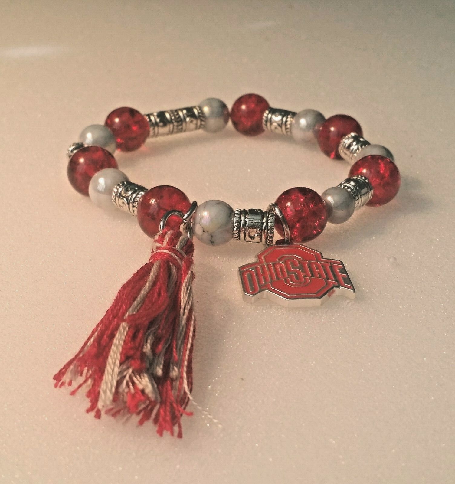 Sports Fan Beaded Bracelet with Gray and Red Tassel-Unique
