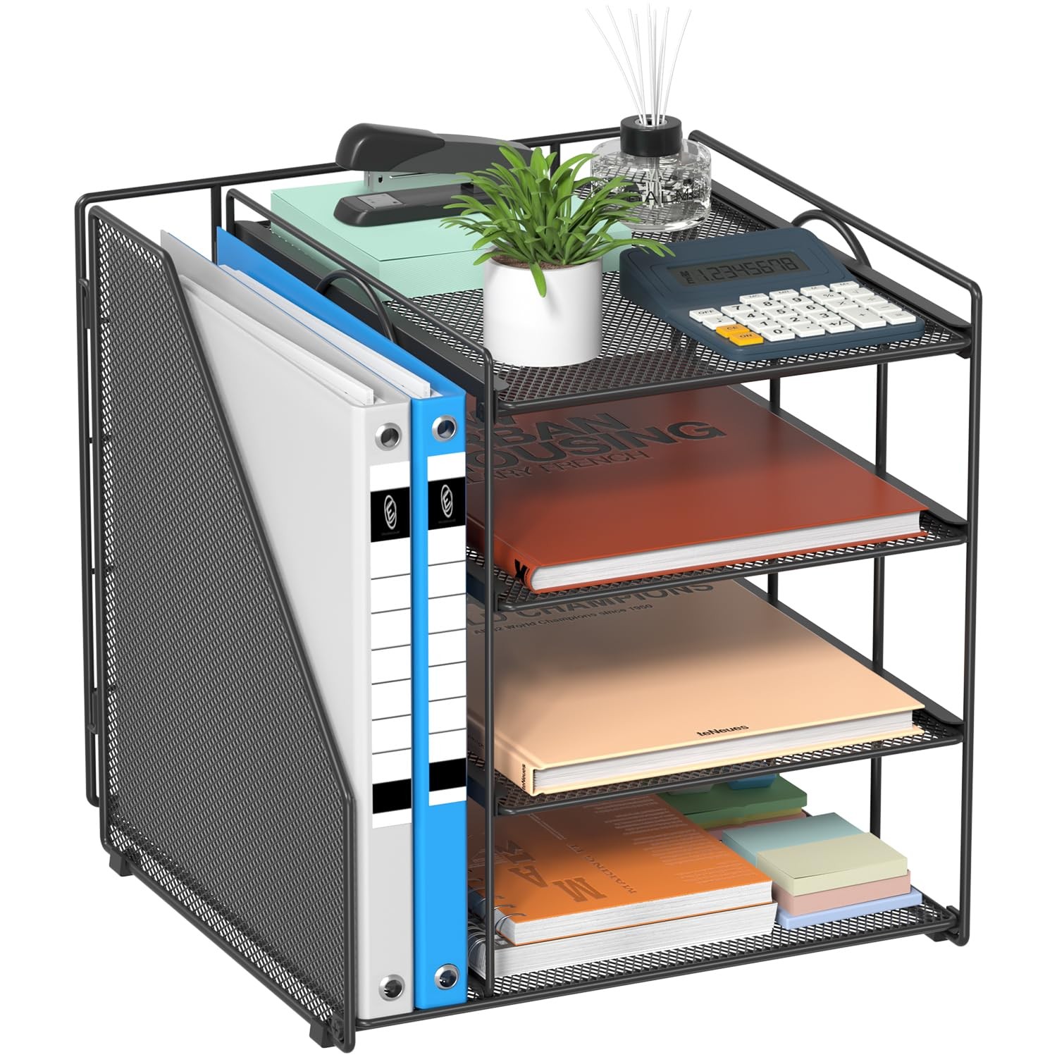 Desk Organizer, 4-Tier Metal File Organizer for Desk with Vertical File Holde...