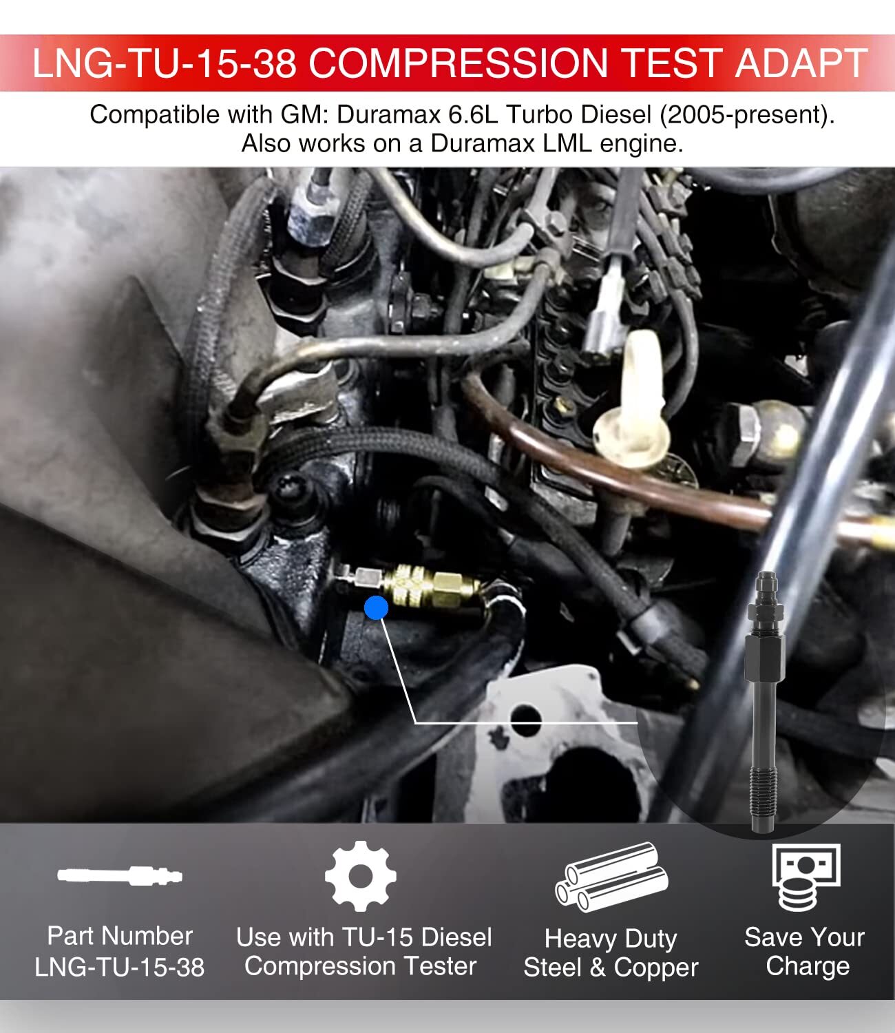 TU-15-38 Diesel Compression Test Adapter For 6.6L Duramax TU-15 M10 x 1.25 mm