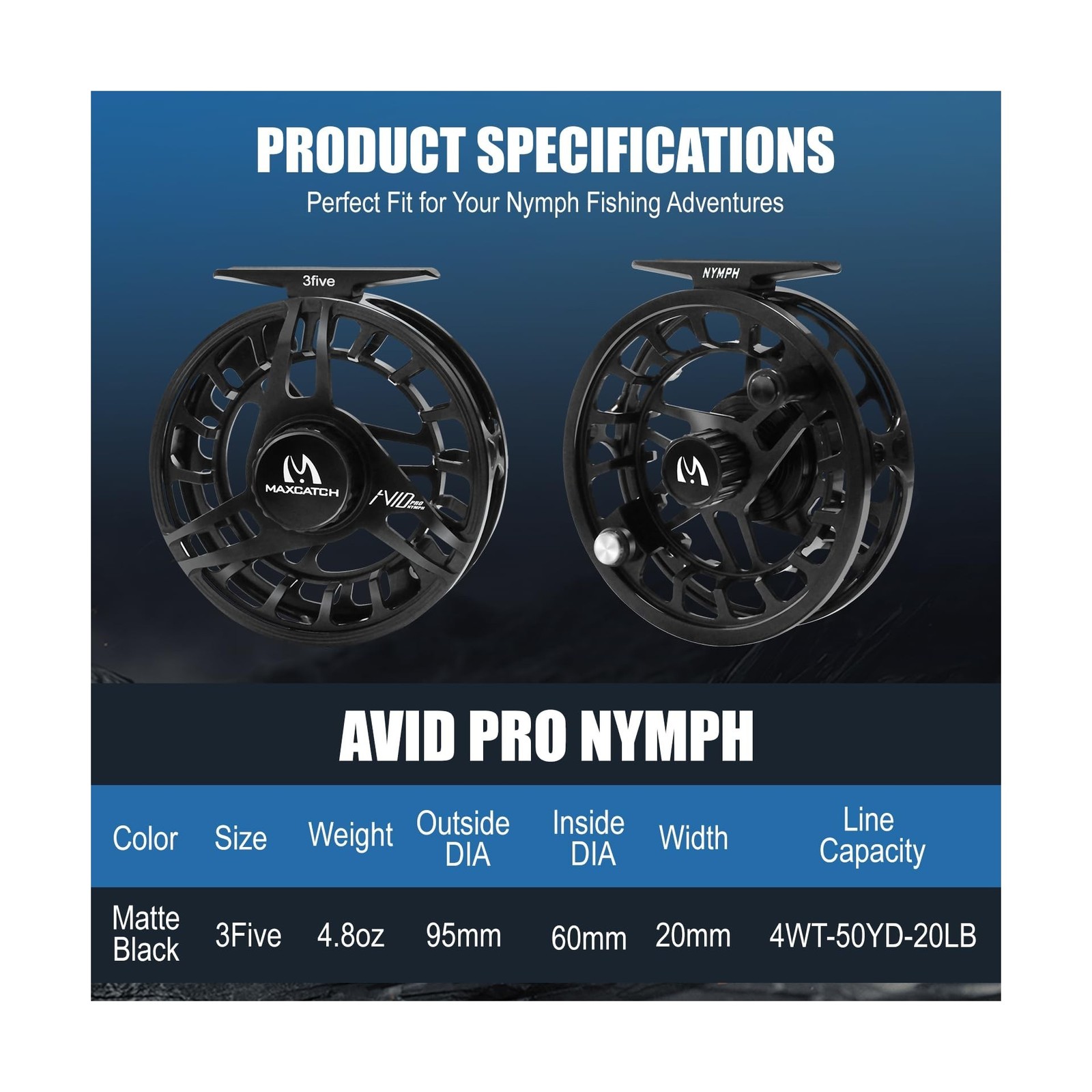 Maxcatch AVID PRO Nymph Fly Reel, CNC-Machined Large Arbor Full Frame Fly Fis...