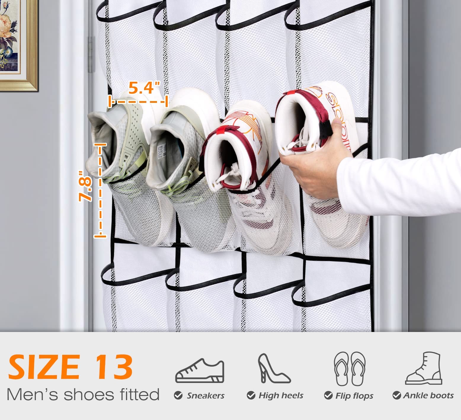 Over The Door Shoe Organizer 24 Large Mesh Pockets, White