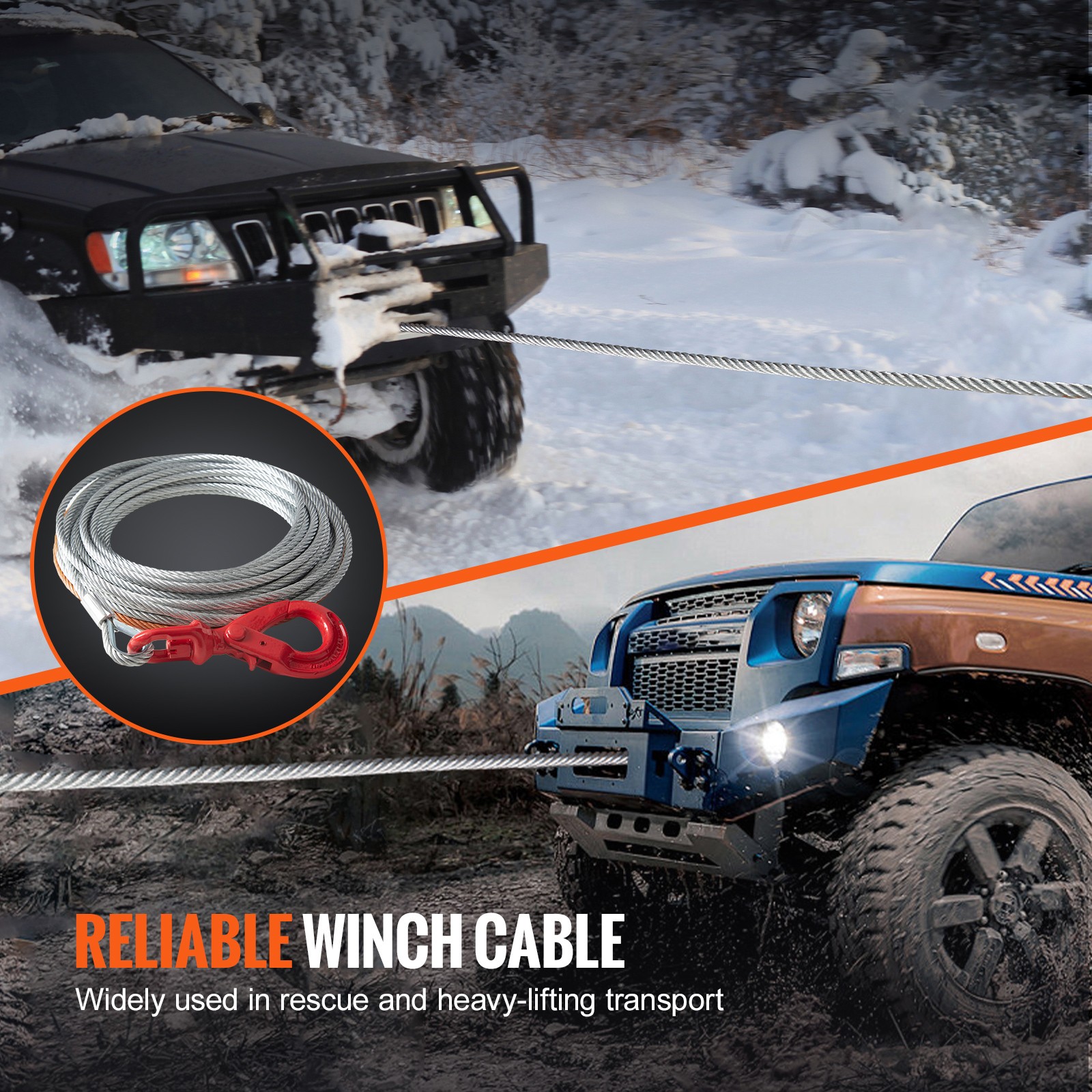 3/8"x75' Winch Cable Steel 15200lb Core Wire Rope Self Locking Swivel Hook