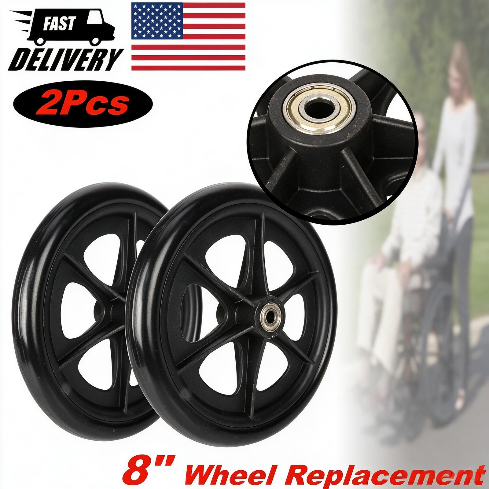 Caster Wheel Hard Rubber Tire 8 Inch Wheelchair Replacement Wheels Wheelchair