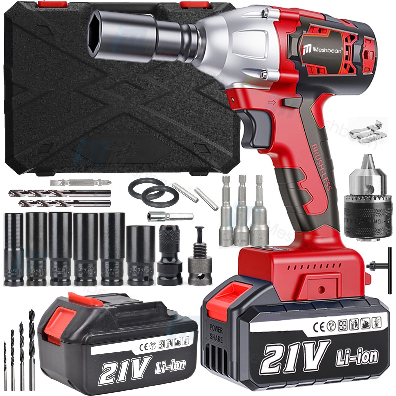 600Nm 1/2'' Electric Impact Wrench Cordless Brushless Gun 2 Battery Driver Tool