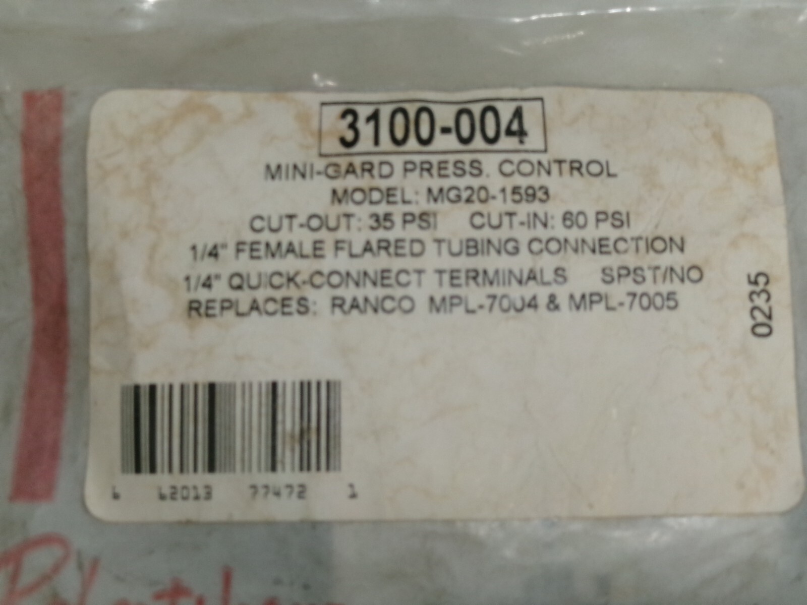 3100-004-ROBE ROBERTSHAW SWITCH PRESSURE LOW OPEN 35 CLOSE 60