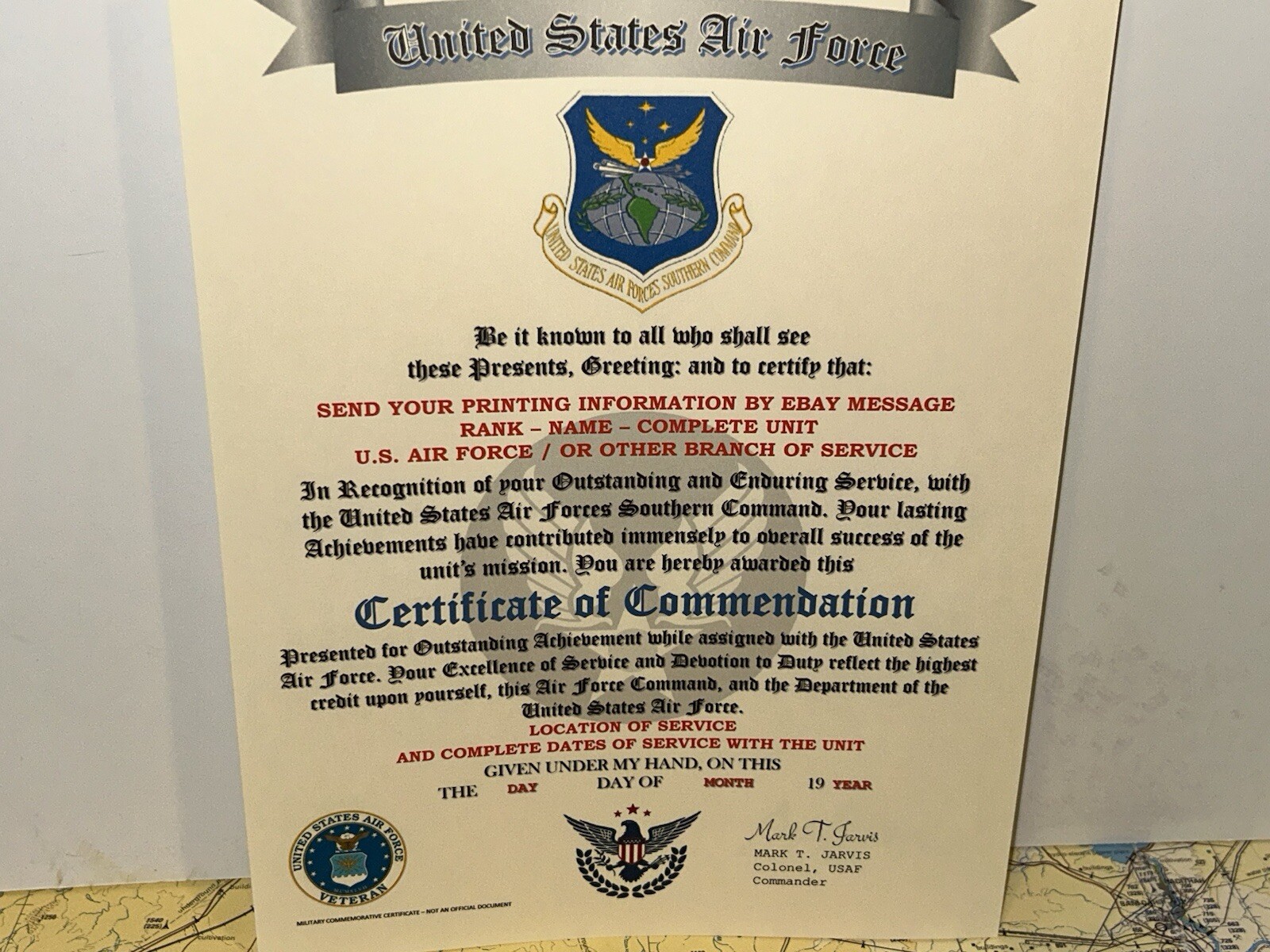 U.S.A.F. / U.S. AIR FORCES SOUTHERN COMMAND - CERTIFICATE OF COMMENDATION
