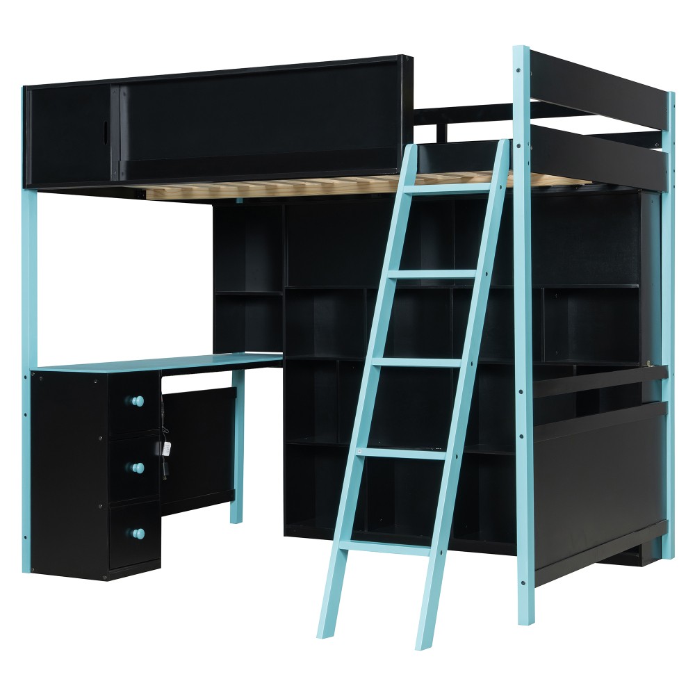 Full Size Wood Loft Bed with Desk, Ample Storage Space and Light Blue Bed Frame