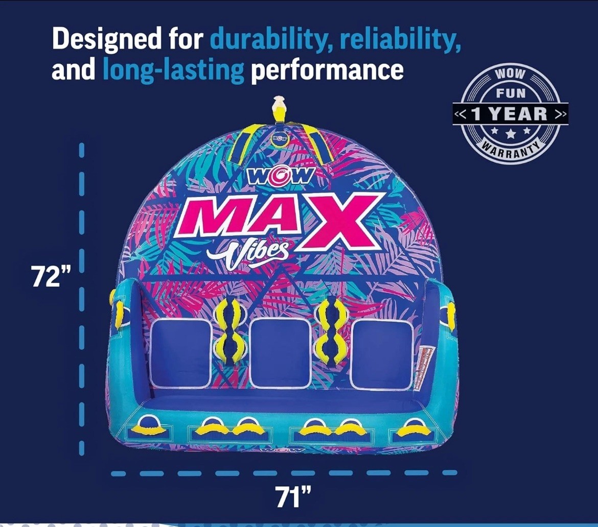 WOW Sports Max  Vibes Towable 1-3 Person Tube Float for Boating with 3K Rope