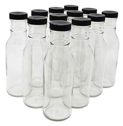 Clear Glass Beverage/Sauce Bottles, 12 Oz - Case of 12 12 x 12oz Black Caps
