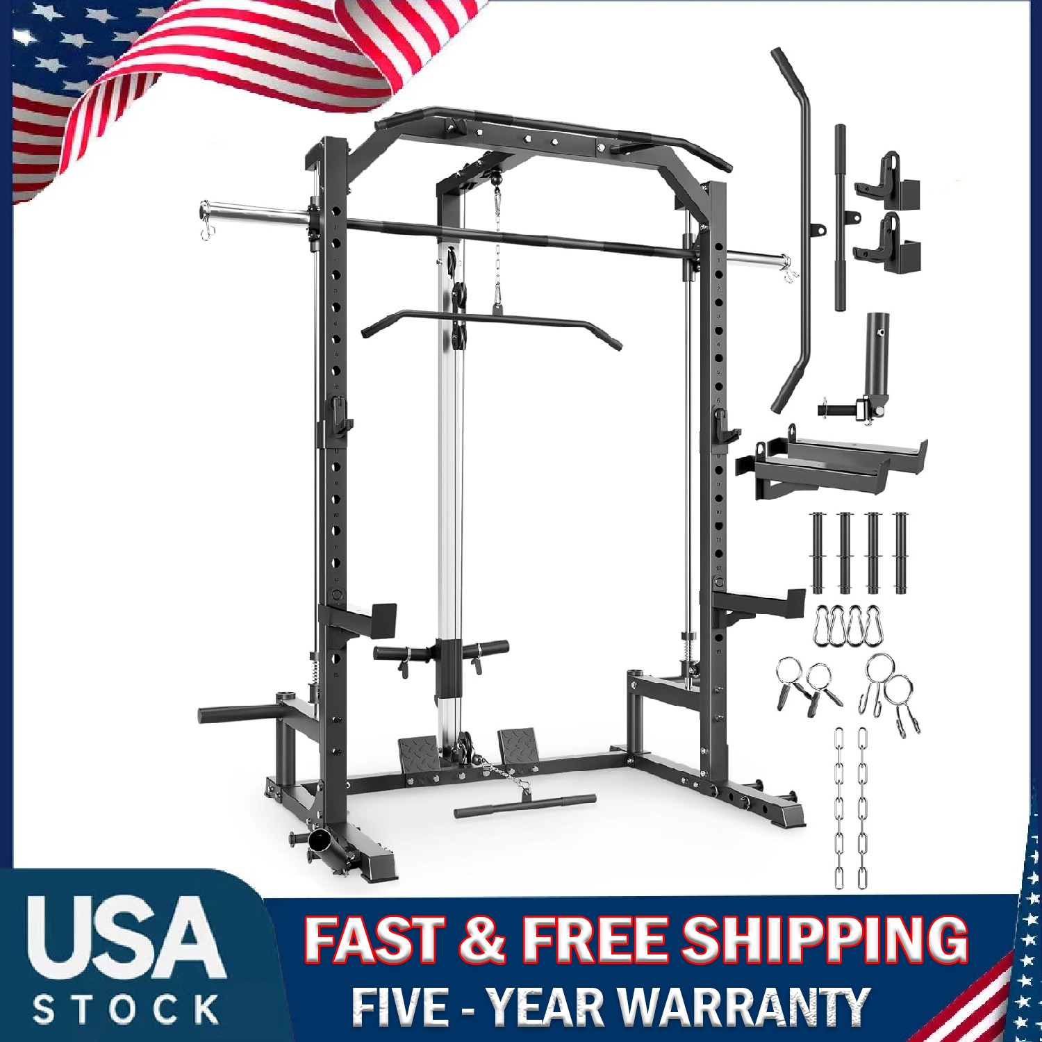 Smith Machine Power Cage with Cable System, LAT Pulldown ,J Hooks for Home Gym