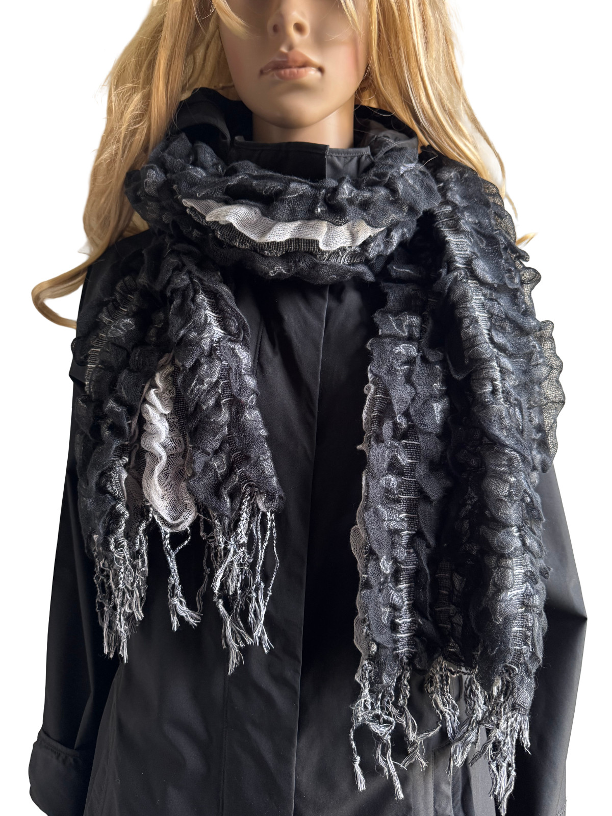 Scarf Women's Color Black & Gray Length 77" Width 17" Lightweight Frill Texture