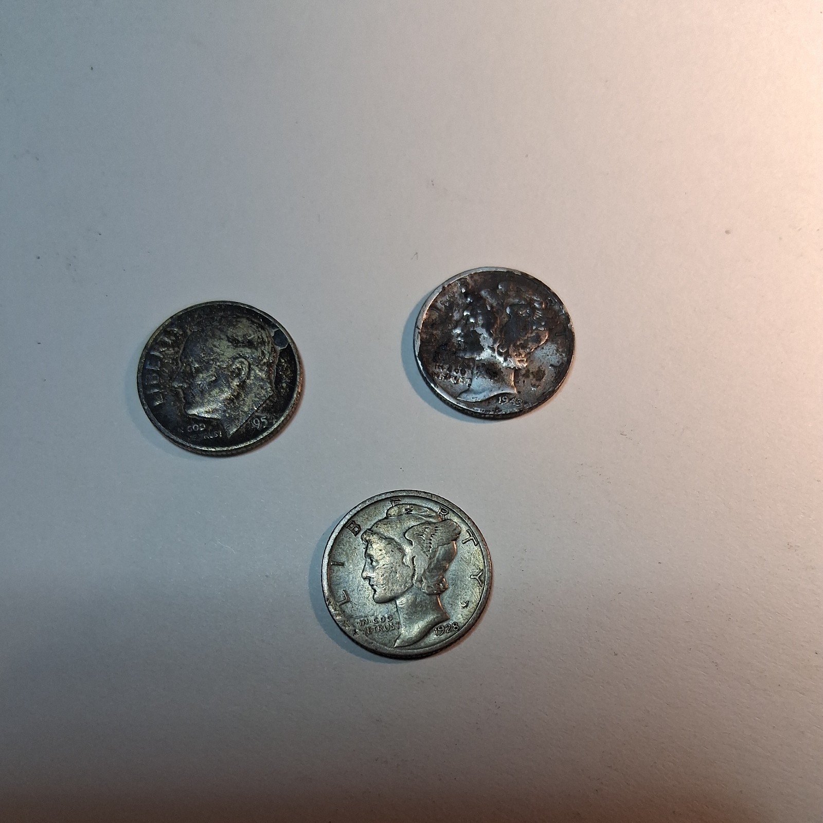 Mercury & Roosevelt Dimes 90% Silver, Circulated, Lot Of 3 1928 , 1943 , 1954