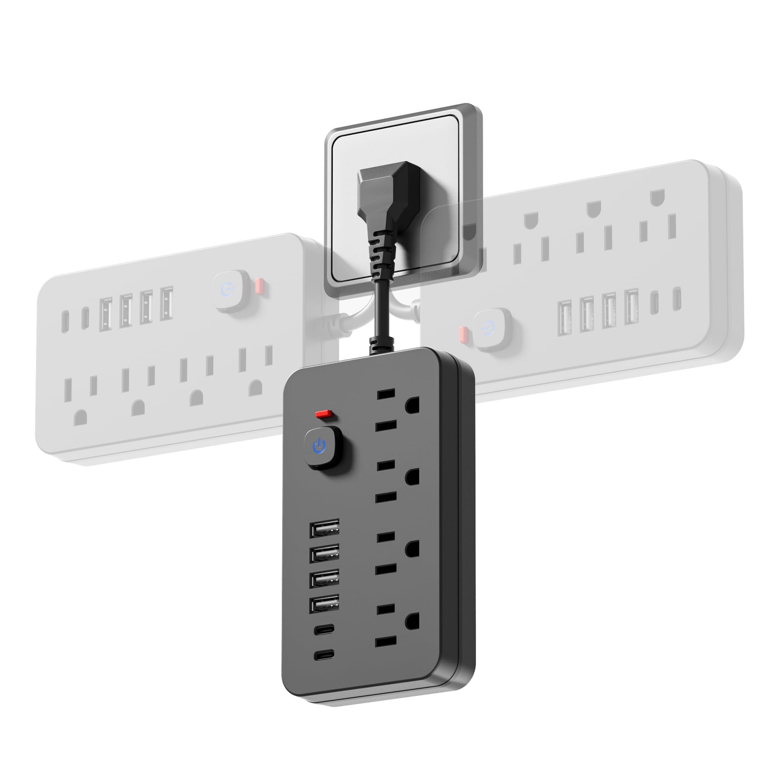 Black Power Strip Surge Protector 4 AC Outlets 6 USB Ports Wall Mountable