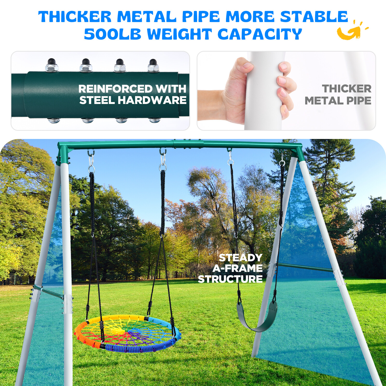 500lbs Metal Swing Set for Kids Adult Backyard with 2 Swings Heavy Duty A-Frame