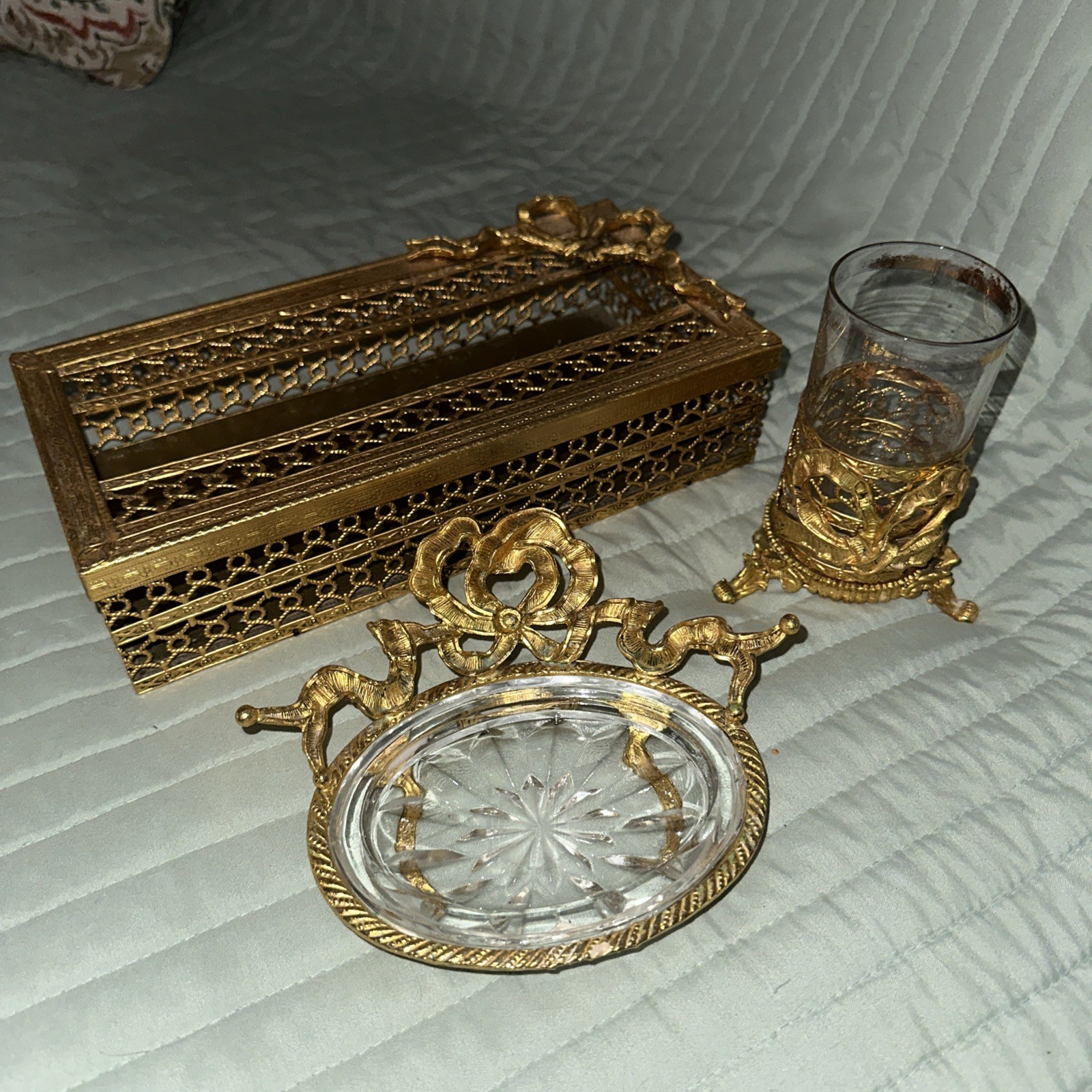 Vintage MCM Hollywood Regency Filigree Tissue Box, Soap Dish, Toothbrush Holder