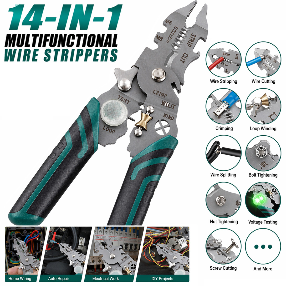 14 in 1 Wire Stripper Twister Set Includes Cable Scissors Voltage Tester Pliers