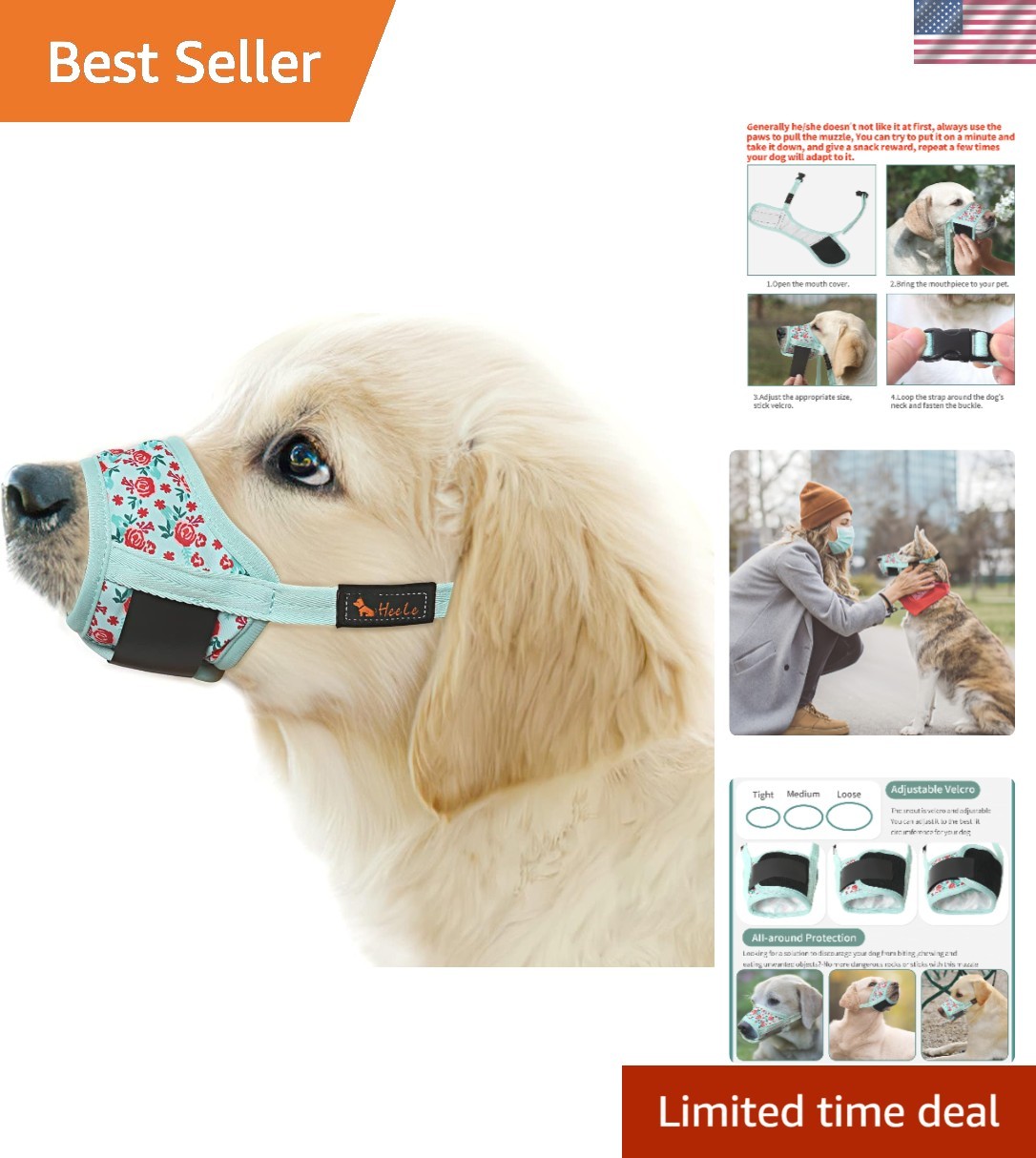 P-Cyan Flower Adjustable Dog Muzzle - Anti Biting, Breathable Mesh for Size M