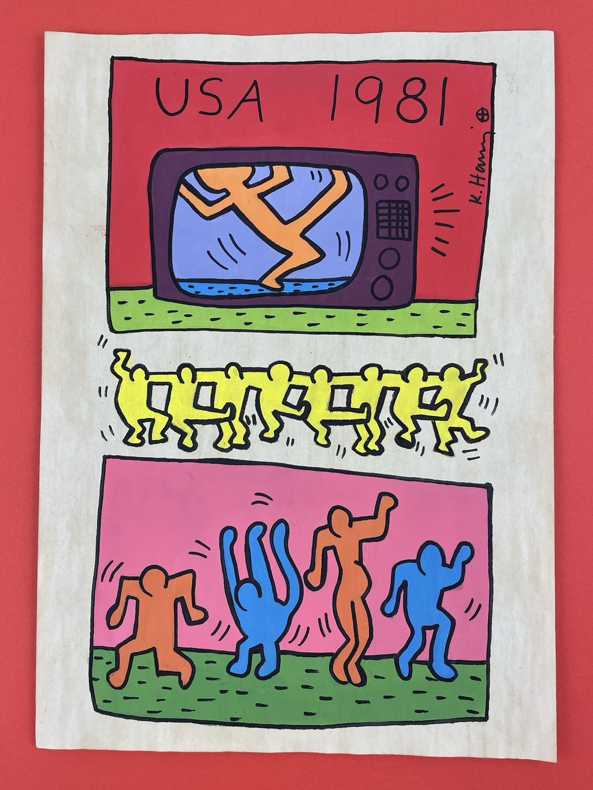 Keith Haring (Handmade) Drawing mixed media on paper signed & stamped
