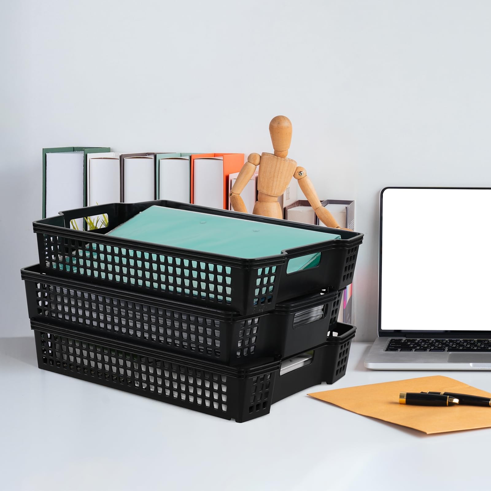 6 PCS Plastic Stacking Storage Baskets Paper Storage Basket Tray Black