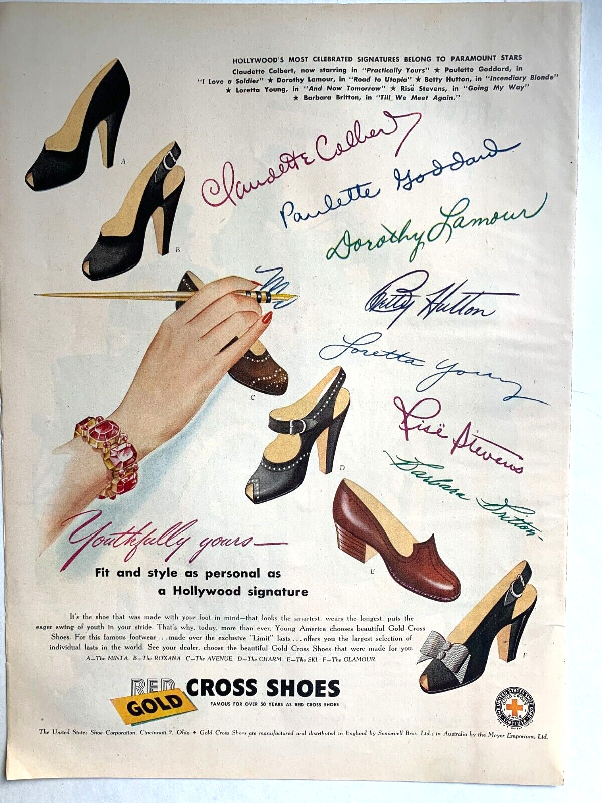 1944 Gold Cross Shoes Print Ad 14"x10" Hollywood Star Signatures