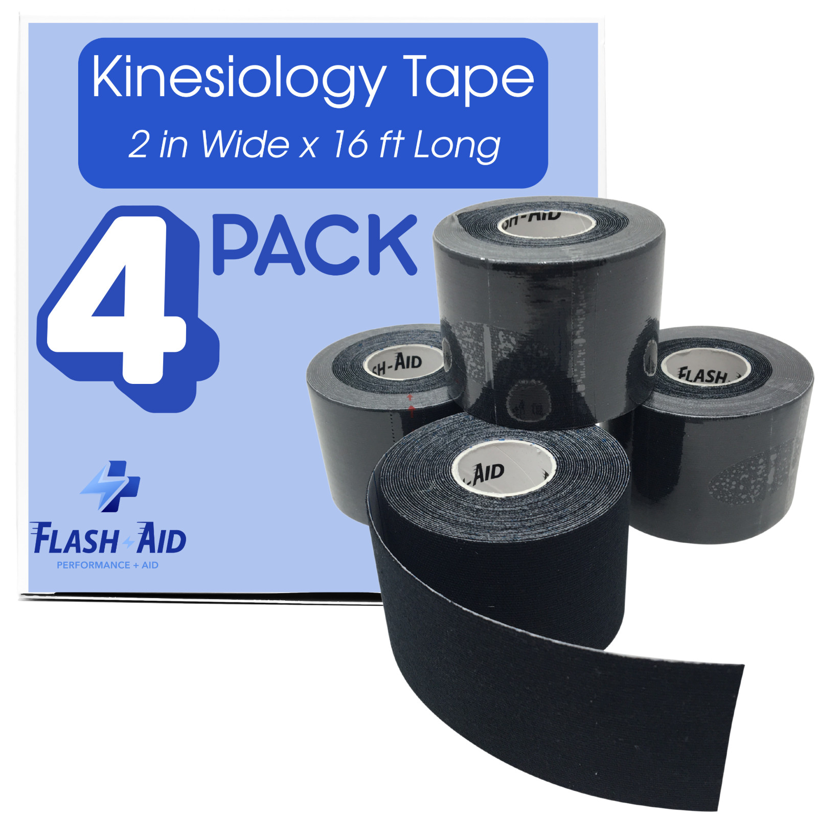 Kinesiology Tape (4-Pack) Latex-Free (2 in Wide by 16 ft Long Sports Tape) Black