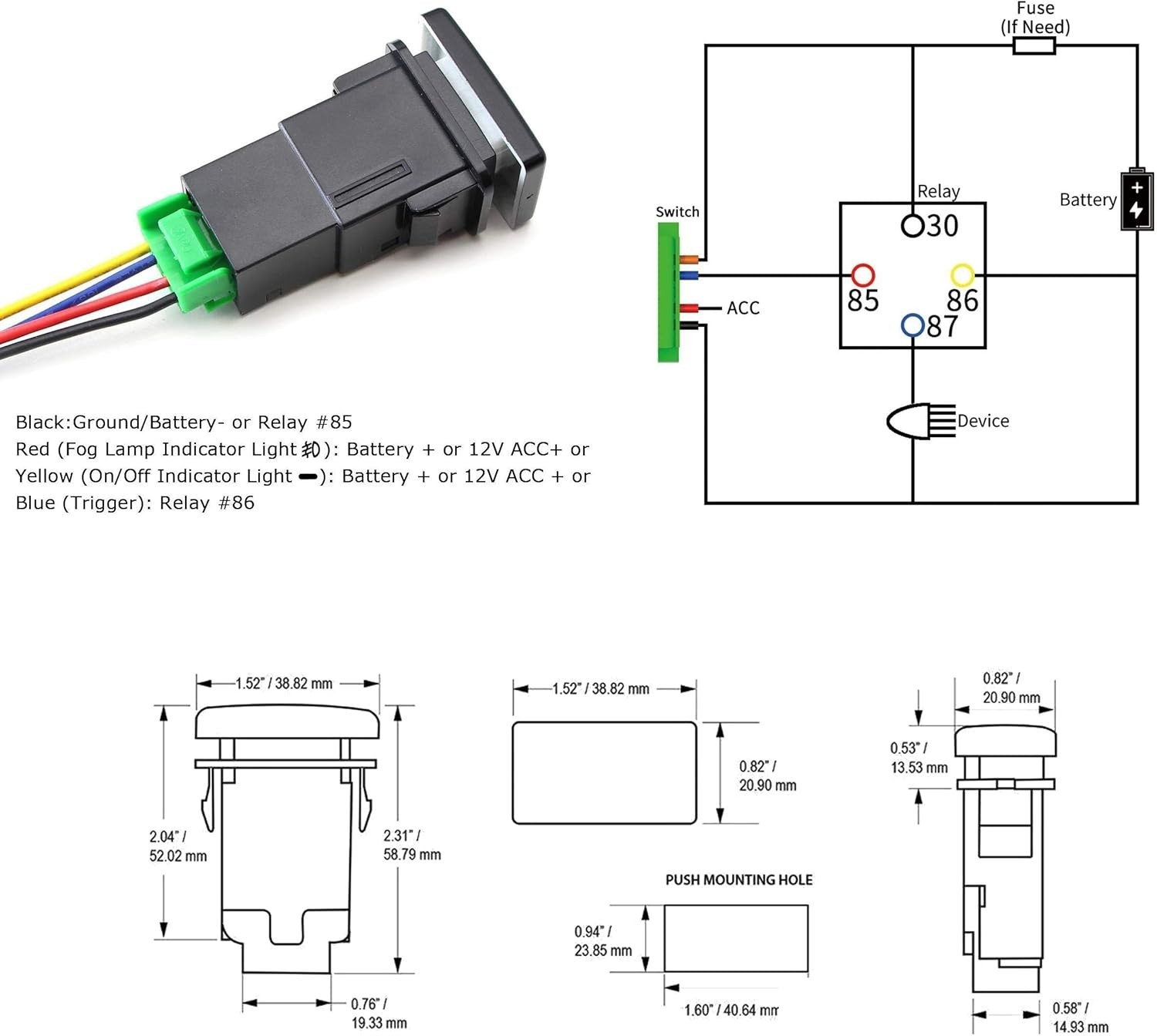 Durable 4-Pole Push Button Switch with LED Indicator for Toyota Upgrades