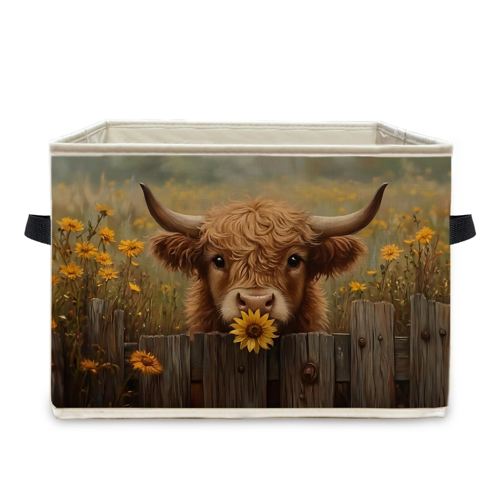 Farmhouse Sunflower Highland Cow Foldable Storage Bins with Handles, Rustic H...