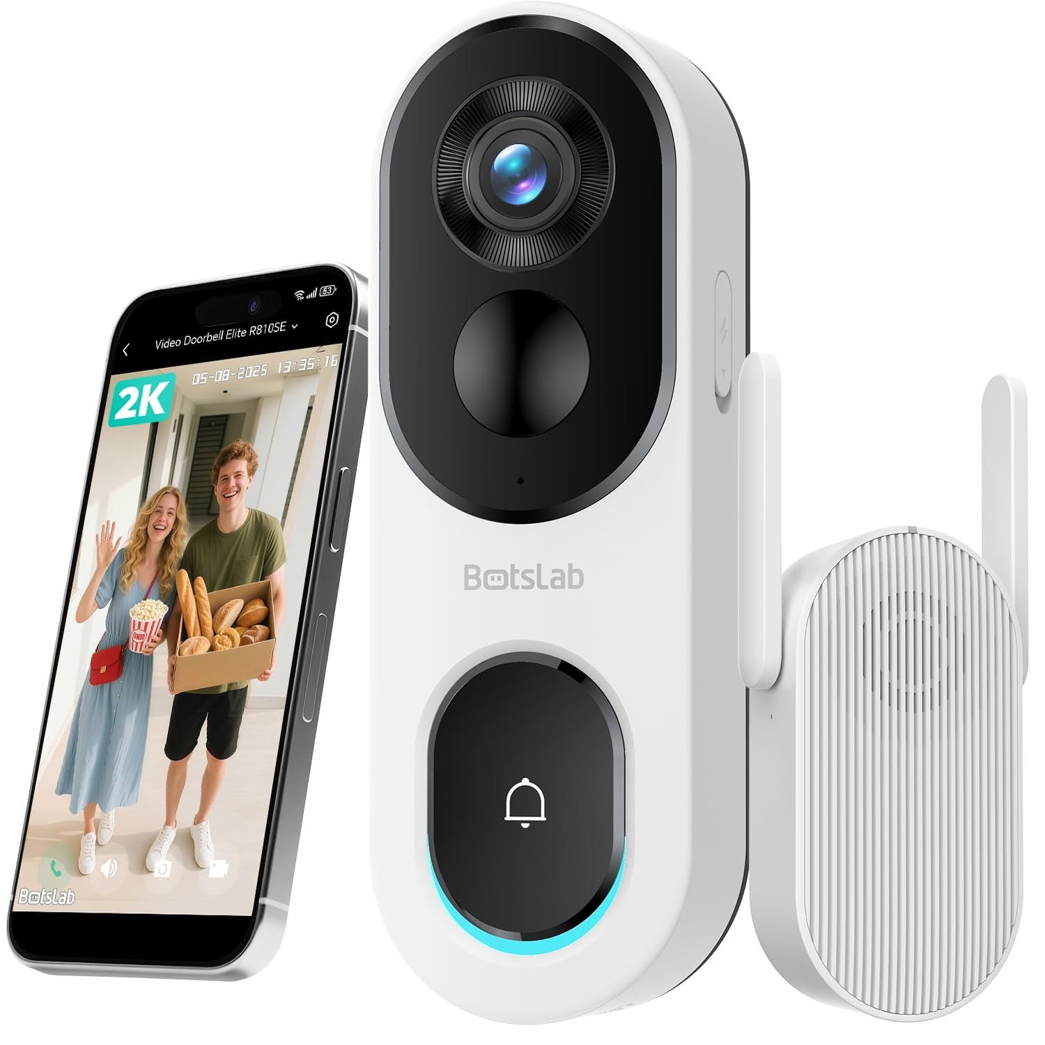 BOTSLAB 2K Doorbell Camera Wireless Head-to-Toe View, No Monthly Fee, Video