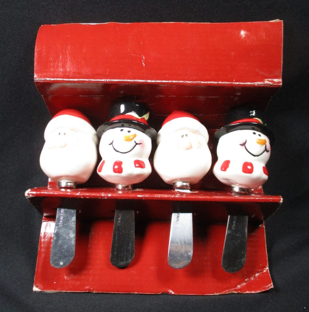 Christmas Cheese/Dip Spreader Set  2 Santa 2 Snowman Large Heads 2.5" & 2.75"