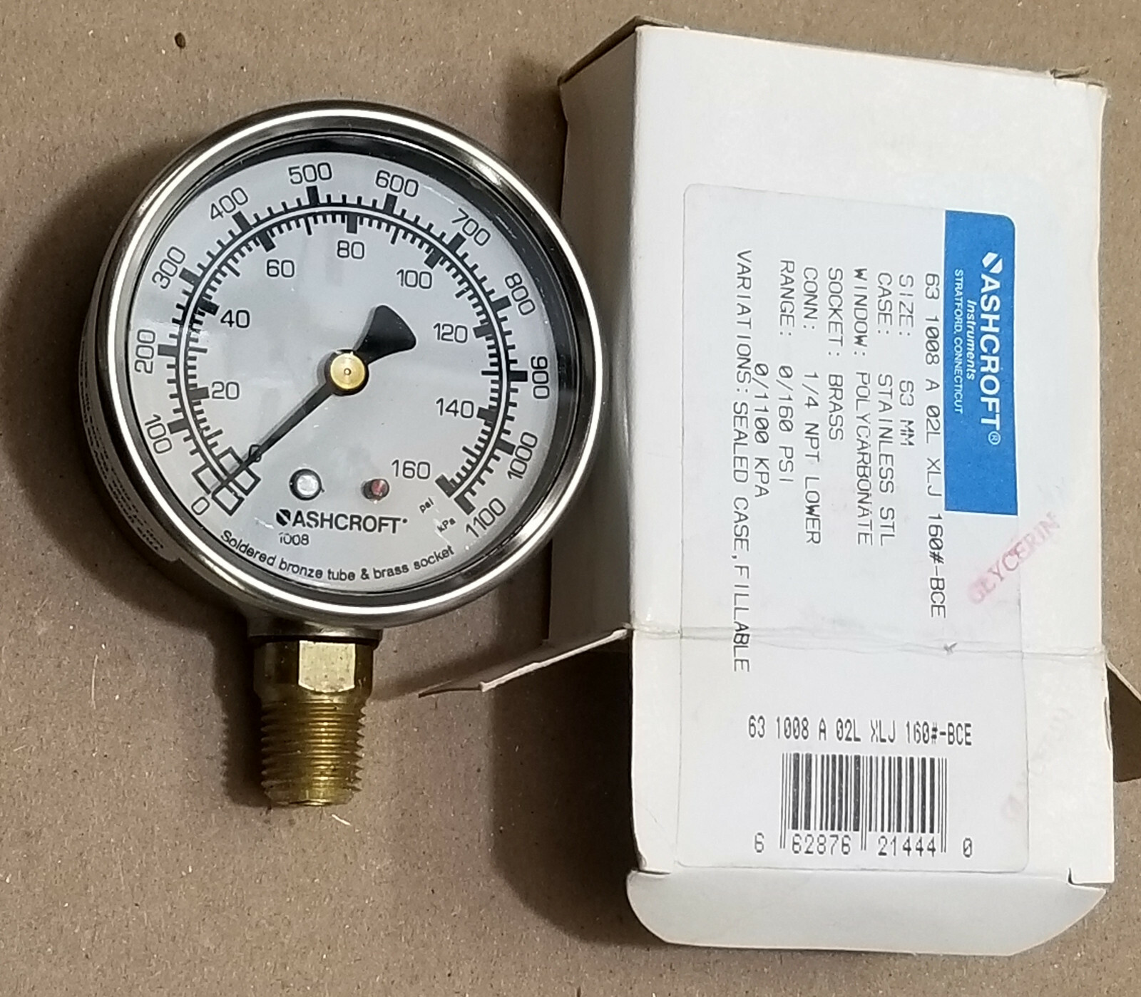 BRANDNEW Ashcroft 63 1008 A 02L XLJ 160#-BCE 63MM Stainless 0-160 Pressure Gauge
