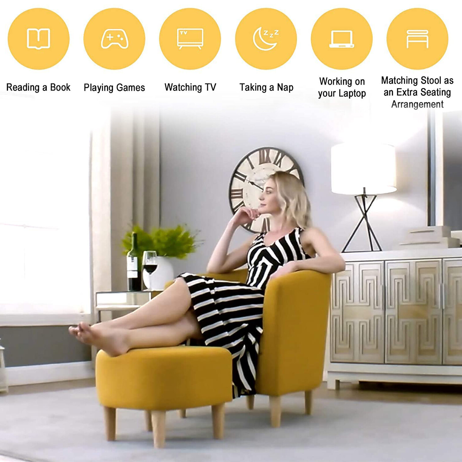 Yellow Accent Chair w/ Ottoman Set Modern Lounge Arm Chair Living Room Chair