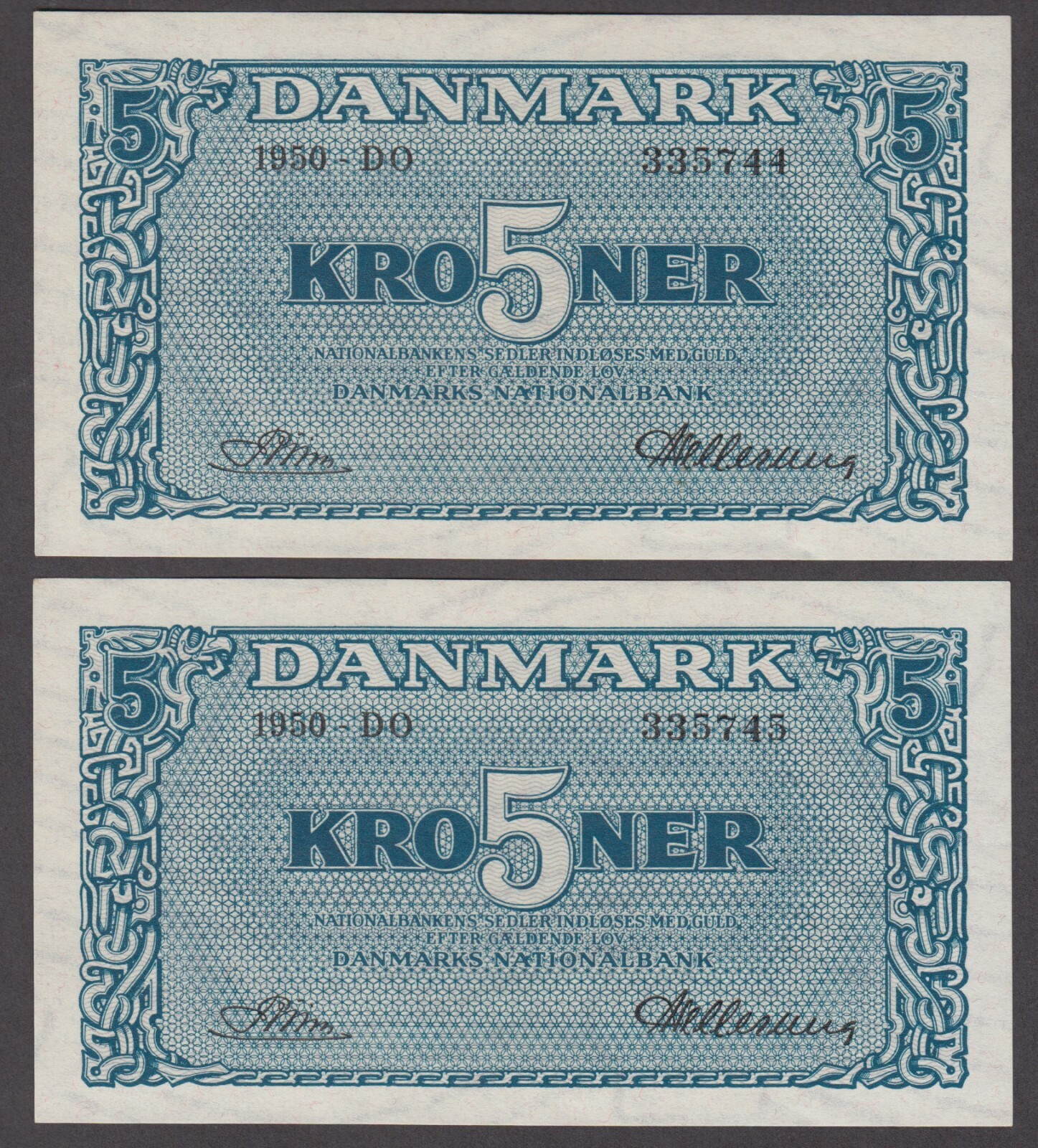 DENMARK  P.35g-5744-45  5 KRONER 1950 DO CONSECUTIVE PAIR  ALMOST UNCIRCULATED