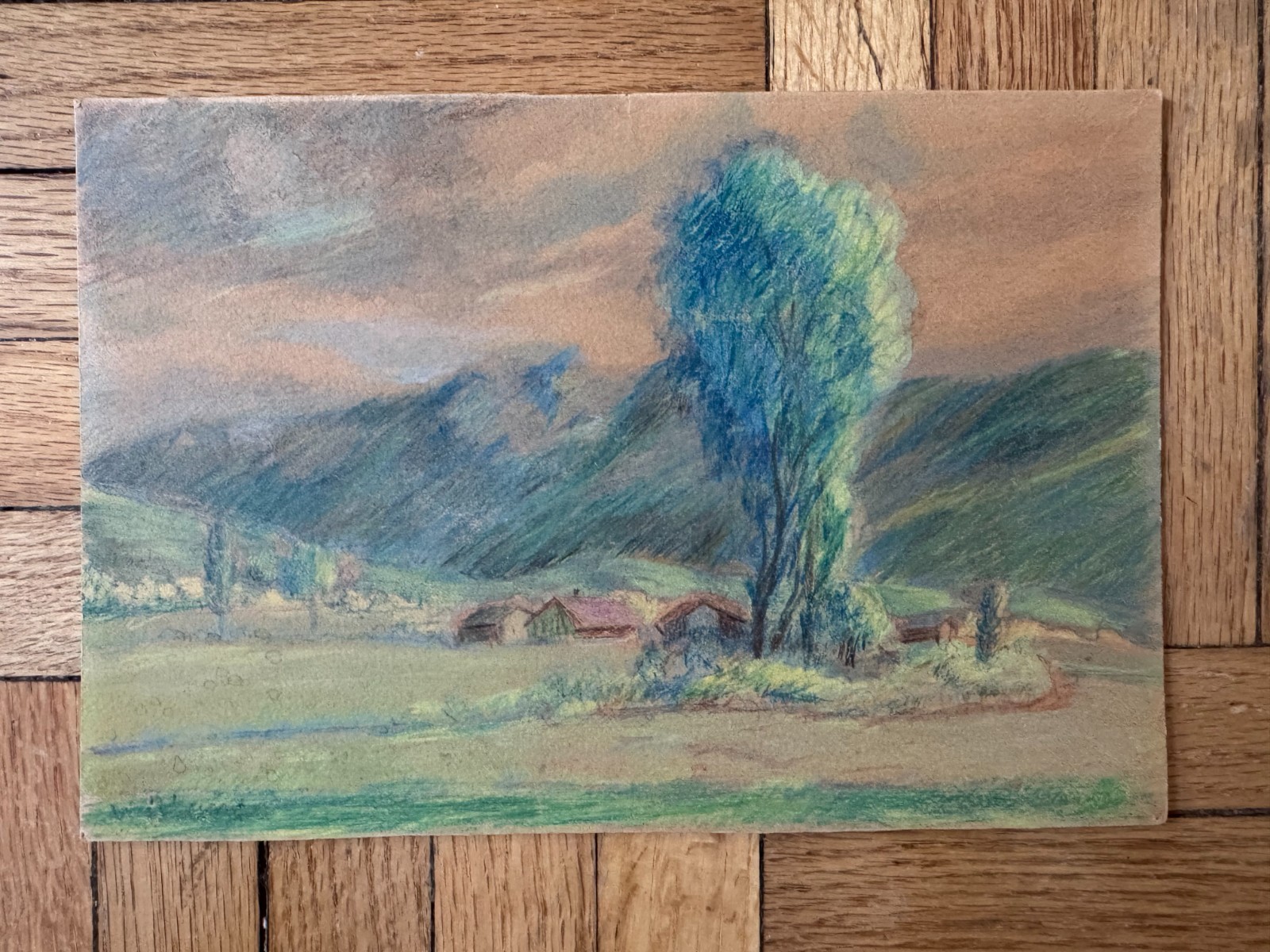Vintage 1930s French Colored Pencil Landscape Drawing on Board 9.5 x 6.5