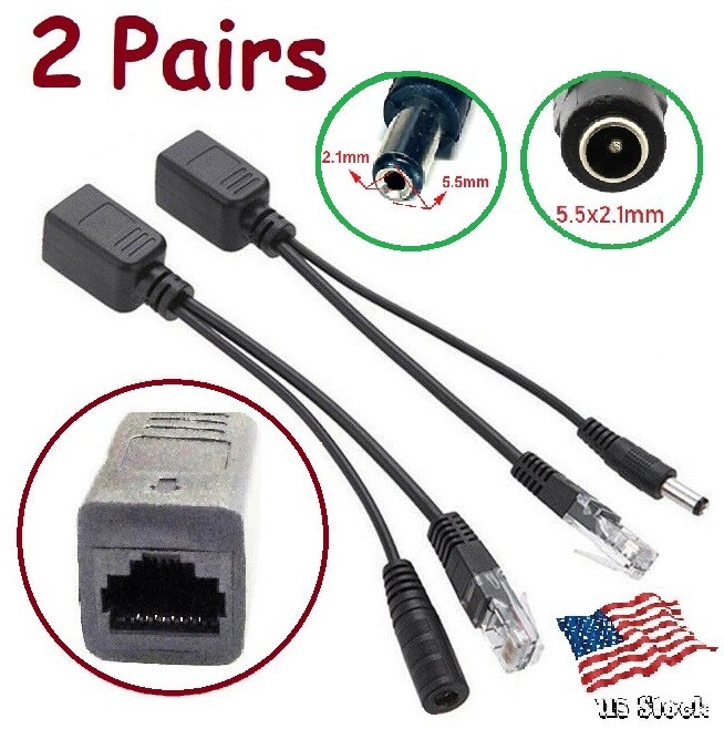 2 Pair - IP Camera Power Over Ethernet Passive PoE Injector Splitter Cable RJ45
